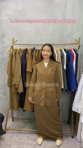 Blazer Wanita Baju Kerja Kantor Seragam PDH PNS Pemda Dinas Guru ASN Wanita Atasan Kantong Tiga Setelan Rok A Rok Span Celana Panjang kode 7009 Pemda Aceh Khaki Tua Gelap Coklat Tua Gelap Coklat Tua Gelap