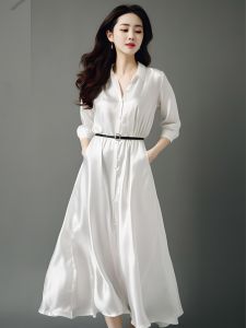 Spring 2025 Womens Fashionable White Shirt Dress Commute High-End Feeling Ladies Clothes A-Line Skirt Pure Color Long Sleeve