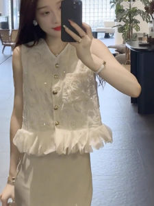 chaqi | Chic Embroidered Sequin Vest Shirt Women Summer Style Unique Attractive 3D Petal Splicing Sleeveless Mini Top Commute Style Loose Fit