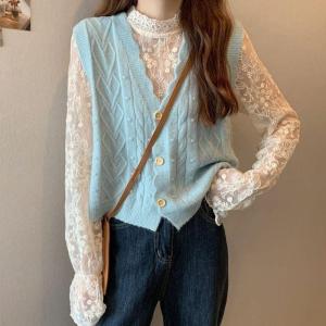 เสื้อกั๊กถักใหม่สำหรับผู้หญิง ทรงหลวม แฟชั่นฤดูใบไม้ผลิ ฤดูร้อน ฤดูใบไม้ร่วง ฤดูหนาว แขนสั้น คอวี ชั้นใน ชุดเสื้อผ้าทำงาน