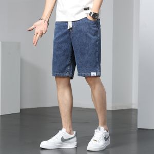 ROMON | Romon Mens Denim Shorts Summer Thin Fashion Loose Straight Leg Mid Waist Elastic Casual Five-Quarter Length Jeans