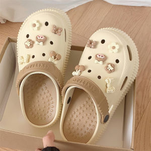 Cute Themed EVA Thick Heel Flip Flops Womens Summer Beach Sandals Anti-Slip Open-Toe Slip-On Shoes Korean Style Flat Bottom