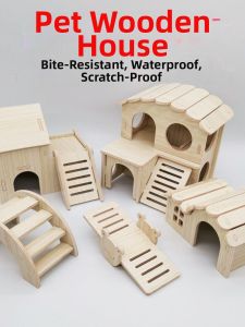 Real Wood Mini House for Hamster Small Shelter Hideout Villa Toy Accessories Rabbit Guinea Pig Cage Decorative Scenery Pet Supplies