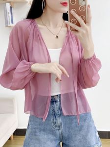 เสื้อเชิ้ตผ้าชีฟองบางระบายอากาศสำหรับผู้หญิงในช่วงฤดูร้อน แขนยาว ทรงหลวม ป้องกันแสงแดด เสื้อคลุมไหล่ ดีไซน์หรูหรา