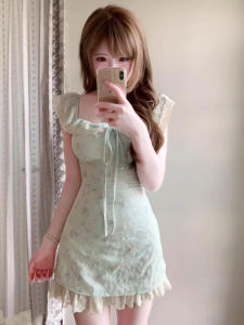 QINWEIYU | Sweet Floral Print Mini Dress Lace Trim A-Line Skirt High Waist Summer New Style Short Sleeveless Womens Dress In Green Color