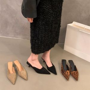 French Cat Print Leopard High Heels Velvet Half Slippers Women Outdoor Spring Autumn Flat Bottom Rubber Sole T-strap Shoes