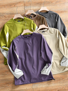 Mens Outdoor Sports Casual Long Sleeve T-shirt Grid Texture Mountain Series Spring Summer High End Color Block Quick Dry Elastic