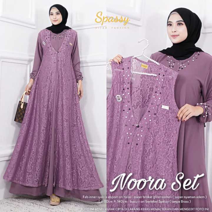 Gamis Noora Set Branded Ori Nontunai. Inner Syakila Impor Ori Halus. Outer Brokat Gliter Comei. Ld 110 cm. Rp 190.000,-