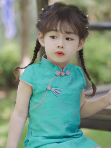 Elegant Girls Cheongsam Summer New Style Baby  Trendy Skirt Childrens Hanfu Floral Print V-Neck Sleeveless Dress