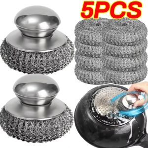5Pcs Stainless Steel Wool Scrubber with Handle Stainless Steel Cleaning Brush for Dishes Stock Pots Pans Home Rust Removal Cleaning Tool