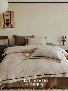 ชุดเครื่องนอนผ้านุ่มสบายขอบกว้างแนวอาร์ตๆ M ชุด4ชิ้นลายดอกไม้แจ็คการ์ดวินเทจผ้าฝ้ายแท้ซักน้ำได้คอตตอน