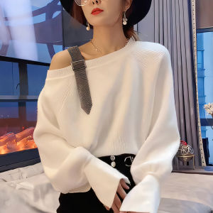 White Shoulder-baring Knitwear Long Sleeve Overhead Womens New Style Autumn Fashionable European Goods High-grade Sense