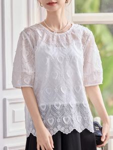 WANGGONGZHU | Princess Style Embroidered Lace Shirt Women Summer Thin Short Sleeve Hollow Out Design Elegant French Atmosphere Commute Fashion