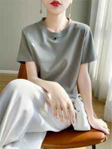 Closed Classy Mercerized Pure Cotton Loose Figure Flattering round-Neck Short Sleeve Womens T-shirt Black White Harajuku T-shirt Top