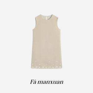 FAMANXUAN | French Beaded Embroidery Linen-like Acetate Sleeveless Dress