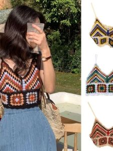 เสื้อกั๊กผู้หญิงคอวีแขนกุดลายดอกไม้สีตัดกัน ทรงเข้ารูป ทรงเข้ารูป แขนกุด ผ้าฝ้ายผสม ความยาวปกติ