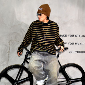 Oversize Loose Fit Long Sleeve Pure Cotton Striped T-Shirt Mens Fashion Casual round Neck Tee Comfortable Breathable Streetwear