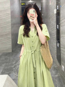 Y6Y | ชุดเดรสสีเขียวคอโปโลแขนสั้นผ้าฝ้ายสไตล์ญี่ปุ่นสำหรับผู้หญิงในฤดูร้อน ชุดเดรสยาวเข้ารูปเอวเข้ารูปสไตล์ฝรั่งเศส