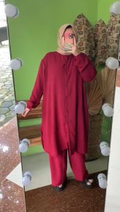 WOCEL One Set Jumbo OOTD Ibu-ibu Polos LD 130 dan 150 XXXL-XXXXXXL Muat BB 100 kg Bahan Crinkle Airflow Dingin