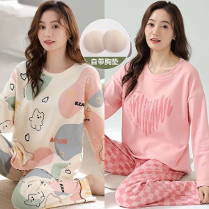Pure Cotton Long Sleeve Sleepwear Set Womens Home Clothes Spring Autumn Winter plus Size Sweet Cute Style Full Print round Neck