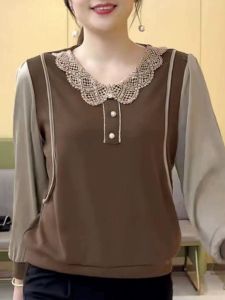 HUAXUNRAN | Turn-down Collar Long Sleeve T-shirt for Women Autumn and Spring Wear