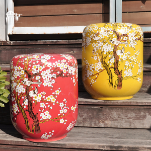 New Chinese Style Ceramic Drum Bench Makeup Bench Slipper Bench Guzheng Bench Artistic Design Plant Floral Pattern Customizable