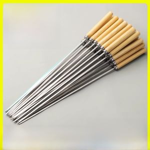 Stainless Steel BBQ Skewers with Wooden Handle Flat Kebab Stick for Barbecue Sheep Meat Iron Shaft Special Tool for Grilling