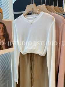 Áo Len Dệt Kim Dài Tay Màu Trắng Cổ Tròn Thường Ngày Cho Nữ Mùa Xuân 2023 Áo Len Dệt Kim Lót Lông Cừu Lụa Hàn Quốc