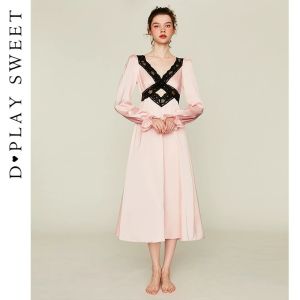 French Retro Lace Satin Sleepwear Women Long Sleeve Contrast Color