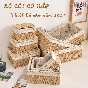 Bộ Giỏ Cói Đựng Đồ Có Nắp Vintage Phong Cách Retro