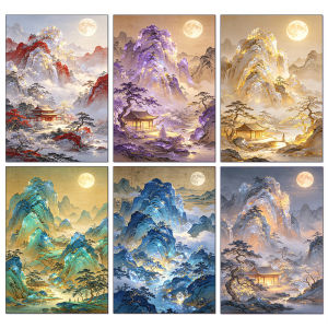 5D Landscape Diamond Painting New Collection Moonlit Mountain Temple Mosaic Cross Stitch Art Home Decoration Arts and Crafts