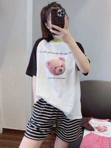 น่ารัก Bear Pure ผ้าฝ้าย ผู้หญิง ชุดนอน ชุดเสื้อผ้าบ้านคอกลมแขนสั้น ลำลอง ฤดูร้อน Outwear บ้านสบาย ชุดสูท