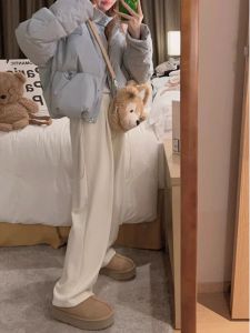 Korean Style Small Narrow Drooping Wide-Leg Pants Womens Fall and Winter New Arrival Fleece-lined Thickened High Waist Slimming and Straight Glutinous Rice Pants