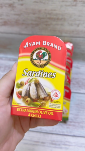 AYAM + Hộp CN ĐỎ 120g + CÁ TRÍCH NGÂM ỚT VÀ DẦU Ô LIU NGUYÊN CHẤT Sardines in Extra Virgin Olive Oil & Chilli (HALAL)
