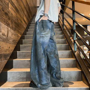 Ripped Wide Leg Jeans Mens American Retro Street Style High Waist Loose Dad Pants Long Trousers Summer Casual Straight Cut