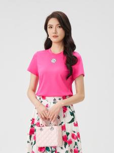 เสื้อยืดคอกลมแขนสั้นผ้าฝ้ายแท้สำหรับผู้หญิง เสื้อยืดทรงเข้ารูปสำหรับใส่ไปทำงานในฤดูร้อน ปักลายดอกไม้ ทรงเข้ารูป แขนสั้น คอตั้ง