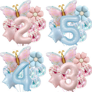 10Pcs 40-inch Blue & Pink Digital Butterfly Daisy Balloon Set - Perfect Butterfly-Themed Birthday Decoration for Boys & Girls