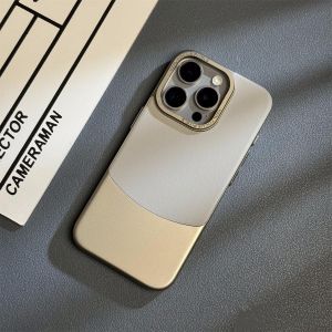 Simple Pure Color Leather Pattern Splicing Phone Case for  16Promax 15Pro 14Pro Metal Lens Frame 13pm Large Hole Ip12 Leather Cover 11