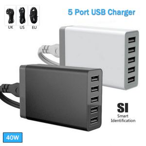 Multiple USB Smart Charger Quick Charge Station 40W 5-Port Fast Charger 5V/8A High Speed Desk Phone Charger for IOS Android