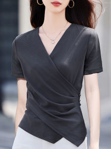 Womens V-Neck Short Sleeve T-Shirt Summer New Style Pleated Waist Cinching Korean Style Slim Fit Pure Color Top