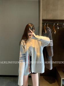 TB TONNS New Lazy Style Loose Baby Blue Wool Knitted Cardigan College Style Outerwear Korean Version Loose Fit Long Sleeve V Neck