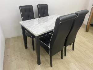 EWJ M3440 Laminate White Mable Dining Table+01-PU Black Parson Chair Dining Set 1+4 Meja Makan 4Seater Morden Cantik Murah