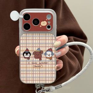 With Lanyard Leather Case For iPhone 17 Pro Max Case Cute Grid Splice Color Wave Dot Cover iPhone 11 13 14 15 16 Pro Max Funda