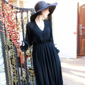 Fall New plus Size Womens Black V-Neck Slimming Long Sleeve Dress Chiffon Maxi Skirt High Waist Soft Polyester No Stretch