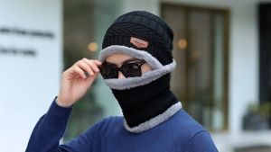 2 Pieces Windproof Elastic Hat Scarf Set Warm Knit Hat Thick Knit Skull Cap for Men Women Winter Fashion Beanie Hat Windproof and Winterproof Accessories