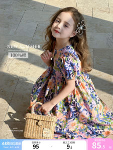 Pure Cotton Floral Print Dress Girls Summer Clothing Bubble Sleeve Midi Skirt French Style Soft Cotton Fabric for Kids And Tweens