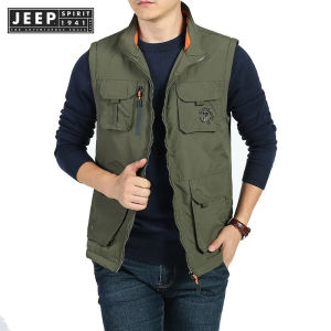 jeep spirit 1941 estd Mens Hiking Fishing Sleeveless Jackets Outdoor Casual Vest Spring Summer Multi-pockets Tactical Waistcoat Large Size