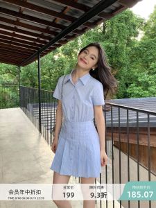 ชุดเดรสแขนสั้นลายทาง Pusumede ทรงเอ กระโปรงจีบ ผ้าฝ้าย น้ำหนักเบา ฤดูร้อน 2025 ชุดเดรสทำงานสำหรับผู้หญิง