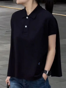 SUOXIMENG | Plus Size Black Polo Neck Loose Short Sleeve Womens Casual Slimming Commuting Top For Autumn Daily Wear Versatile Simple Style
