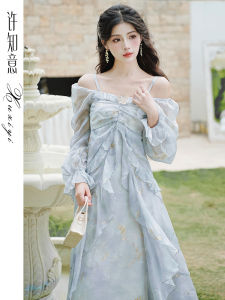Váy Dài Tay Màu Xanh Pháp Mùa Thu Mới Váy Công Chúa Viền Hoa Váy Dài Cho Nữ Váy Chữ a Mùa Xuân Thu